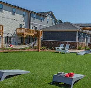 Image Of An Outdoor Green Space With Corn Hole And Hammock